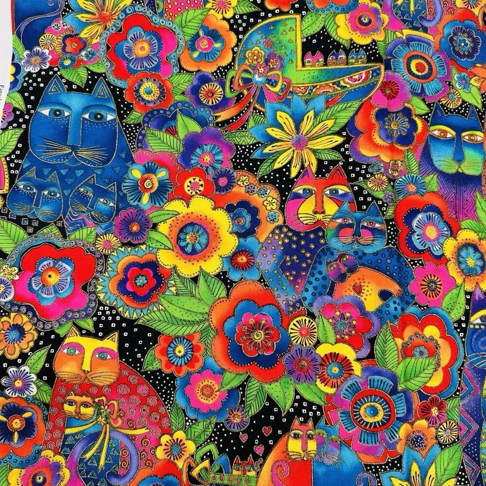 HTF RARE Fanciful Felines Laurel Burch Clothworks Cats Flowers Fabric 2 yards!